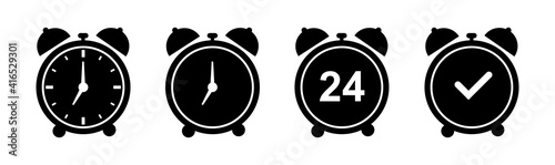 Set of alarm clock icons. Various alarm clock signs, alarm clock. Vector illustration.