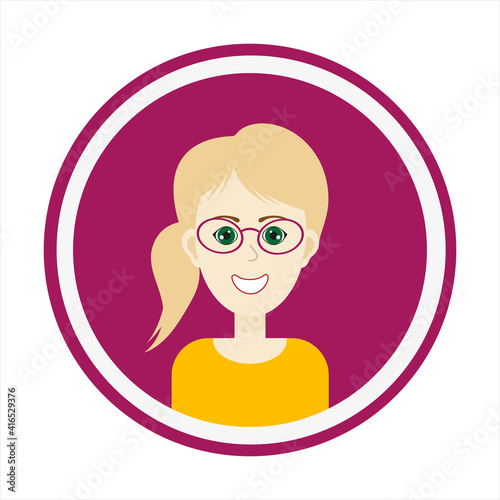 Female avatar. Cute woman’s portrait on purple background. Smiling girl face with blond hair, side pony tail hairstyle, green eyes and glasses. Isolated vector illustration.
