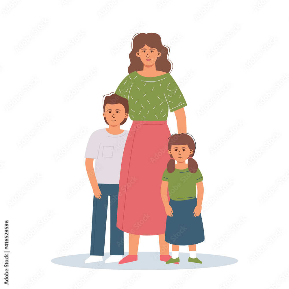 A single mother with her children are standing in an embrace. The concept of love and support in the family.