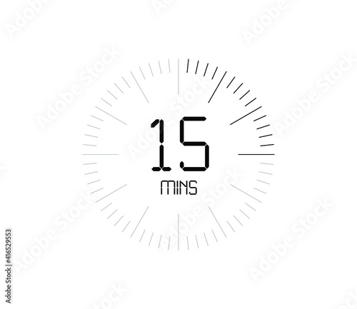 Timer 15 mins icon, 15 minutes digital timer