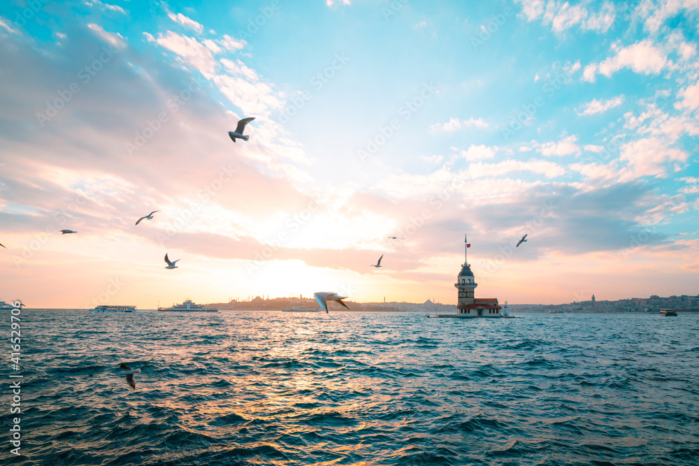 Maiden's Tower and Seagulls at sunset