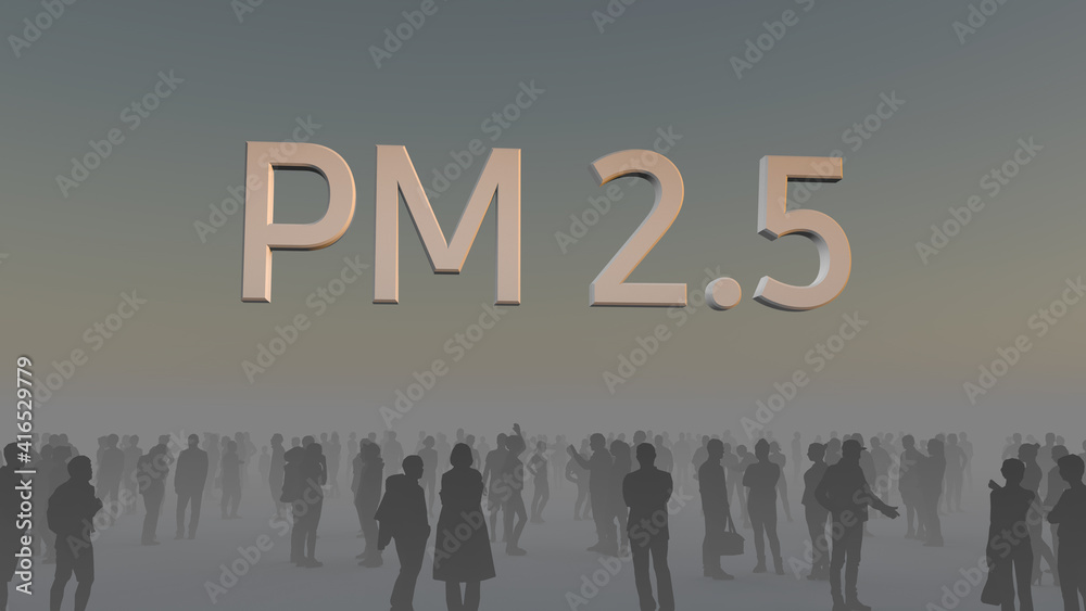 PM2.5 People in air pollution. Smog and fine dust of pm 2.5. Dirty environment. Urban toxic dust. Unhealthy air. 3d illustration