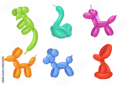 Creative colorful helium balloon animals flat illustration set. Cartoon cute latex dog, monkey, snake, horse isolated vector illustration collection. Holiday celebration and party concept