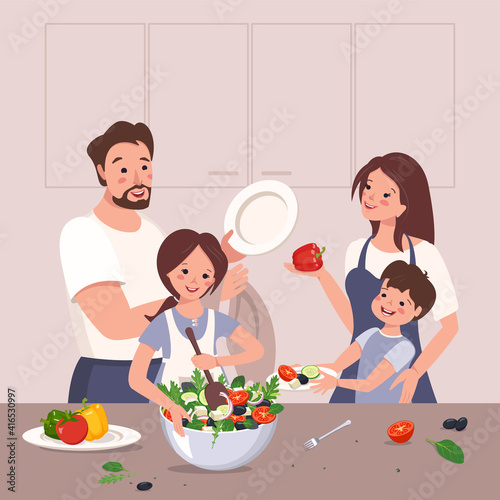 Happy dad, mom and kids prepare dinner