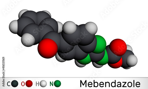 Mebendazole, MBZ molecule. It is synthetic benzimidazole derivate and anthelmintic drug. Molecular model. 3D rendering photo