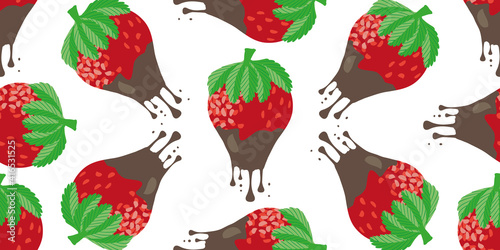Chocolate dipped strawberry seamless border. Banner with painterly red berries dripping with melting drops of sweet ganache. Tossed garden fruit design for summer party food and celebration concept