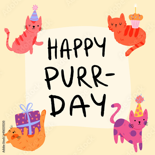 Canvas Print Happy Purr-Day, cute birthday card with cats