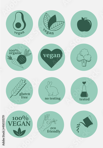Vegan Icons Set. Set flat vegan icon on background. Bio, Ecology, Organic logos and badges, label, tag. Vector illustration design