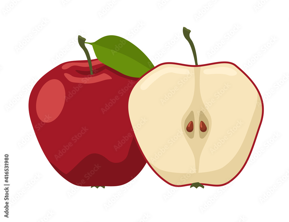 Fototapeta premium Red ripe apple. Whole and cut in half fruit.