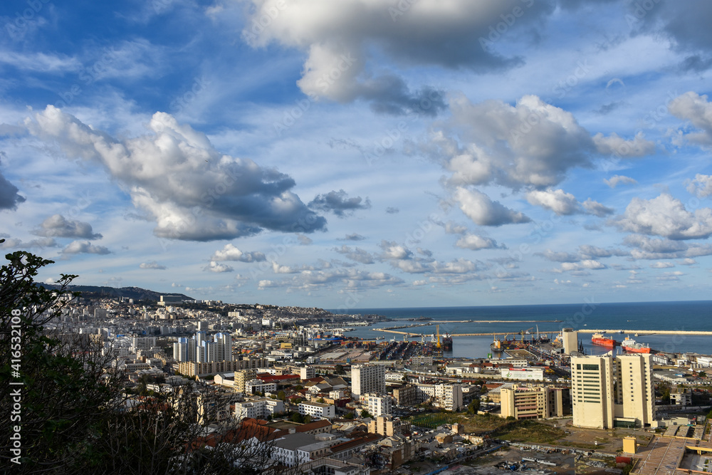 a beautiful aerial panoramic view of Algiers city port