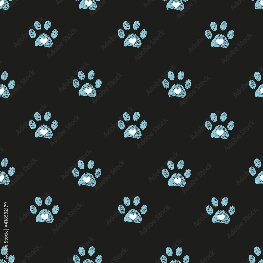 Cute blue doodle paw prints with hearts. Fabric design seamless pattern
