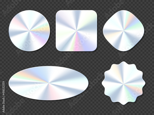 Holographic stickers, hologram labels of different shapes. Round, square, oval, rhombus and wavy iridescent foil or silver colored blank rainbow shiny emblems, Realistic 3d vector illustration, set