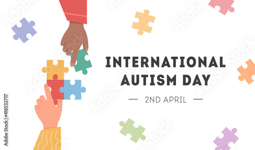 International Autism Awareness Day Card. Caucasian and african hand holding colourful puzzle pieces. Psychological concept of Autistic children. Social Difficulty. Mental disability disorder. Vector.