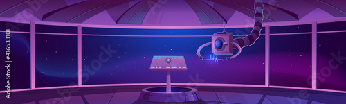 Spaceship control center, captain cabin interior with datacenter hud panel and large windows cosmos view. Futuristic alien orlop, cockpit in spacecraft, interstellar rocket Cartoon vector illustration