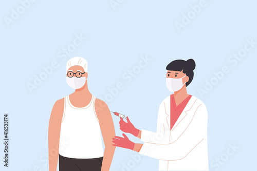 Female doctor in medical gown and gloves gives vaccine shot to elder male patient. Vaccination campaign. Concept illustration for immunity health. Covid Coronavirus jab. Flat illustration isolated. © millering