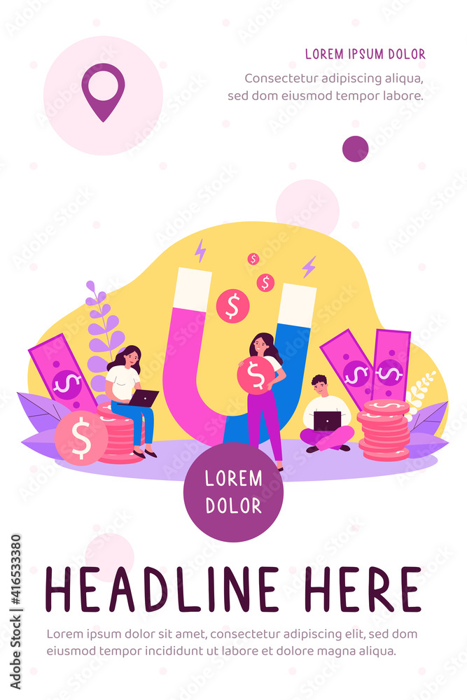Fototapeta premium People attracting money with magnet flat vector illustration. Man and woman with laptop taking fast loan online. Lady holding magnet for attraction income. Wealth and investment concept