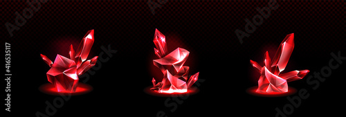 Precious ruby stones, shiny red crystals isolated on transparent background. Vector realistic set of 3d gemstones different shapes, rock minerals, geology crystals