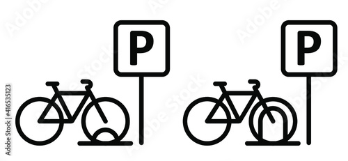 Bicycle parking space zone or bike rack. Sport cyclist banner. Cycling icon. Flat vector bike to parking stand area sign. Mountain biker. Mamil