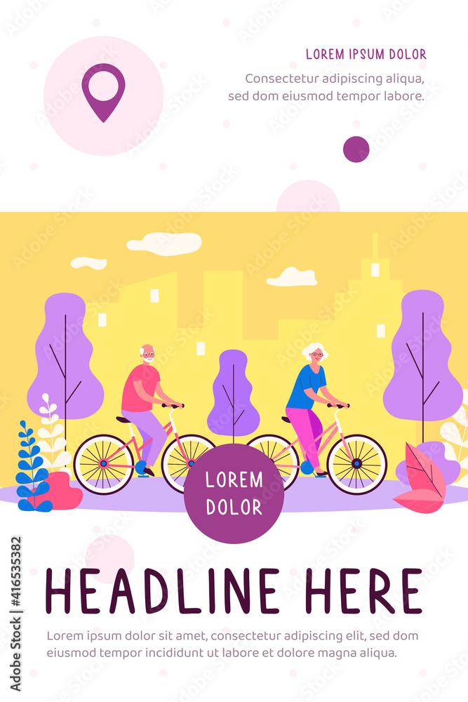 Active retirement, recreation outdoors old age concept. Happy senior family couple cycling in park. Grey haired man and woman riding bikes. Flat vector illustration