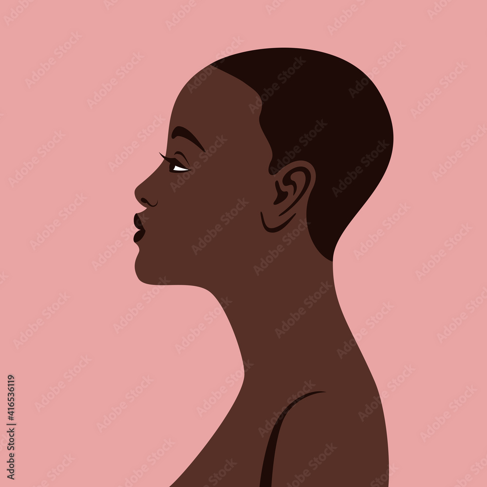 Portrait of a beautiful young African girl, shown in profile. Vector illustration in a flat style.