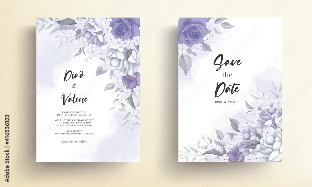 Beautiful wedding invitation card with purple flower decoration
