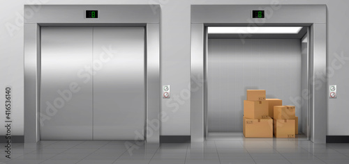 Cargo elevators with closed and open doors in hallway. Vector realistic empty modern interior with lifts, cardboard boxes in cabin, metal panel with buttons and floor display on wall