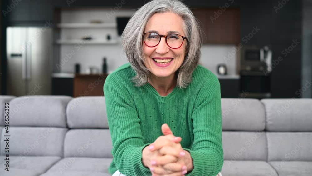 Stock Video chat with a charming mature woman, webcam view of senior female talking into a camera, video conference with an elderly employee, teacher. Friendly mid-age lady explaining and speaking online | Adobe Stock
