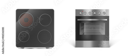 Induction cooking panel with oven, electric stove front and top view. Vector realistic set of kitchen cooker with transparent glass oven door, black ceramic stovetop isolated on white background