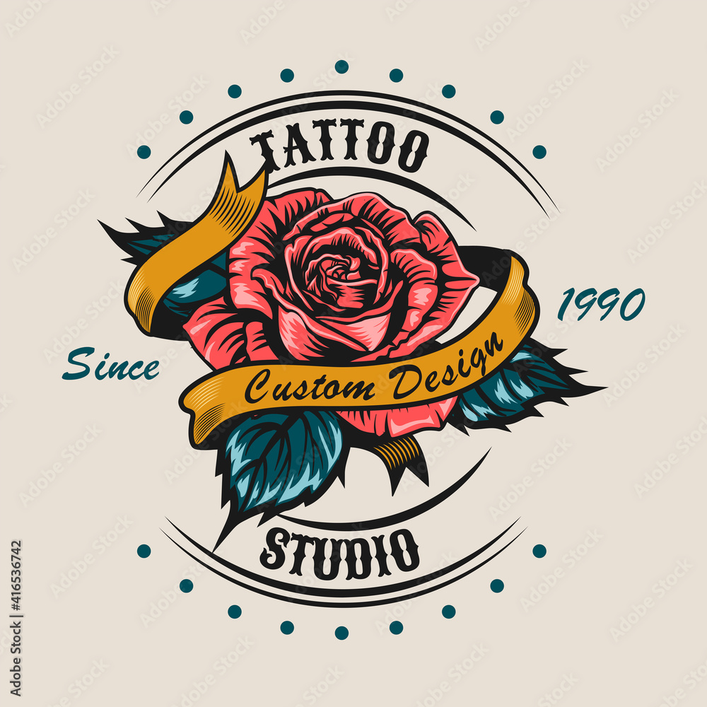 Creative sticker with pretty rose for tattoo. Colorful design element with red flower surrounded ribbon. Tattoo studio and custom design concept for tattoo, stamp, print template