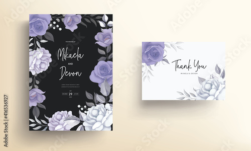 Beautiful wedding invitation card with purple flower decoration