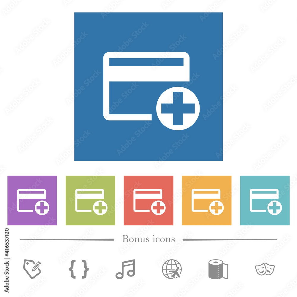 Add new credit card flat white icons in square backgrounds Add new credit card flat white icons in square backgrounds
