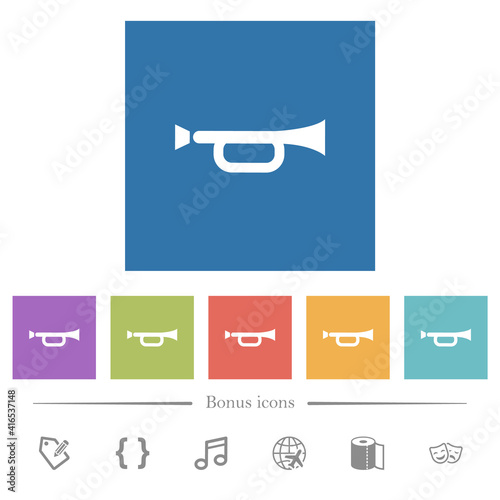 Horn flat white icons in square backgrounds