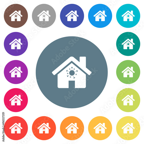 Home quarantine flat white icons on round color backgrounds