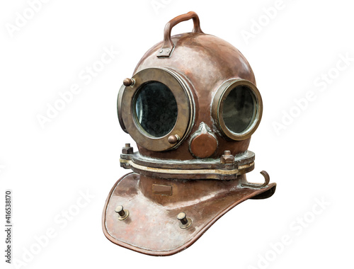 Antique diving equipment on white photo