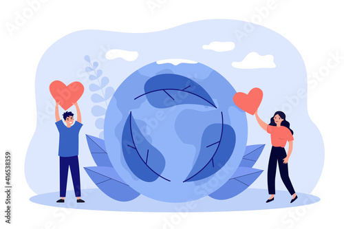 Volunteers with red hearts saving nature and planet. Zero waste, recycling, pollution reduction vector illustration. Green lifestyle, eco friendly world concept
