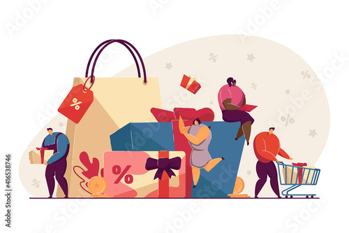 Bonus, reward and gift programs for loyal customers. Store or shop offering discounts for clients. Vector illustration for advertising, promotion, ecommerce concept