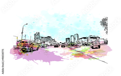 Building view with landmark of Novosibirsk is the
city in Russia. Watercolour splash with hand drawn sketch illustration in vector.