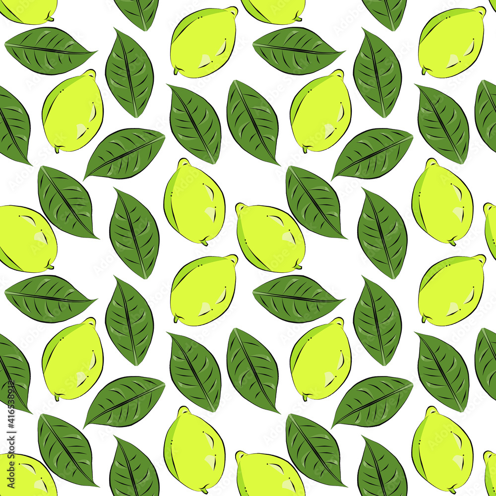 Color seamless pattern of lemons and leaves on a white background. Color seamless pattern of lemons and leaves on a white background.