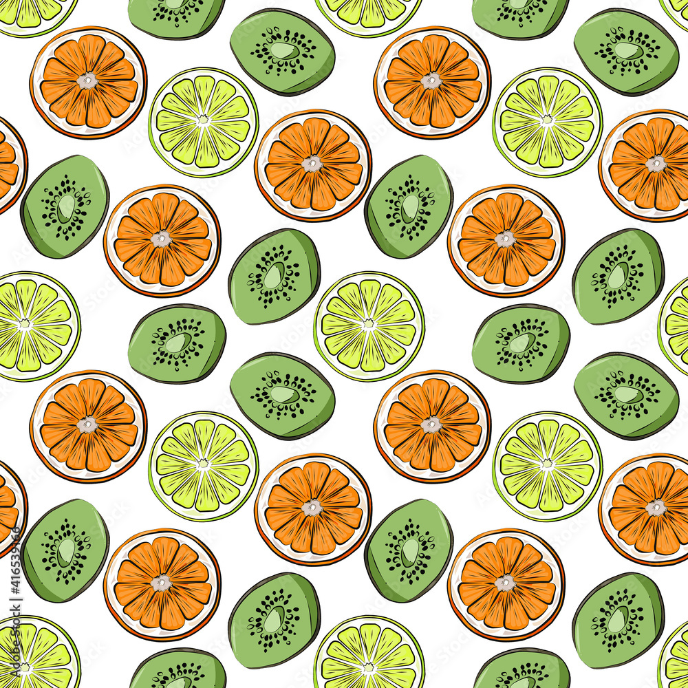 Obraz premium Color seamless pattern of lemon, orange and kiwi.