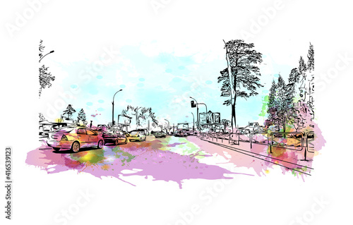Building view with landmark of Novosibirsk is the
city in Russia. Watercolour splash with hand drawn sketch illustration in vector.