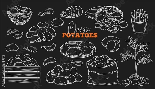 Potato products outline icons set on blackboard. Engraved drawn white on black chips, pancakes, french fries, whole root potatoes for farm market and shop design. Vector illustration.