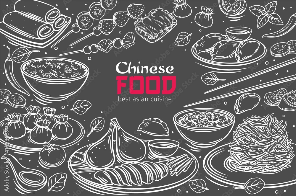 Chinese cuisine menu layout black on white. Asian food outline vector
