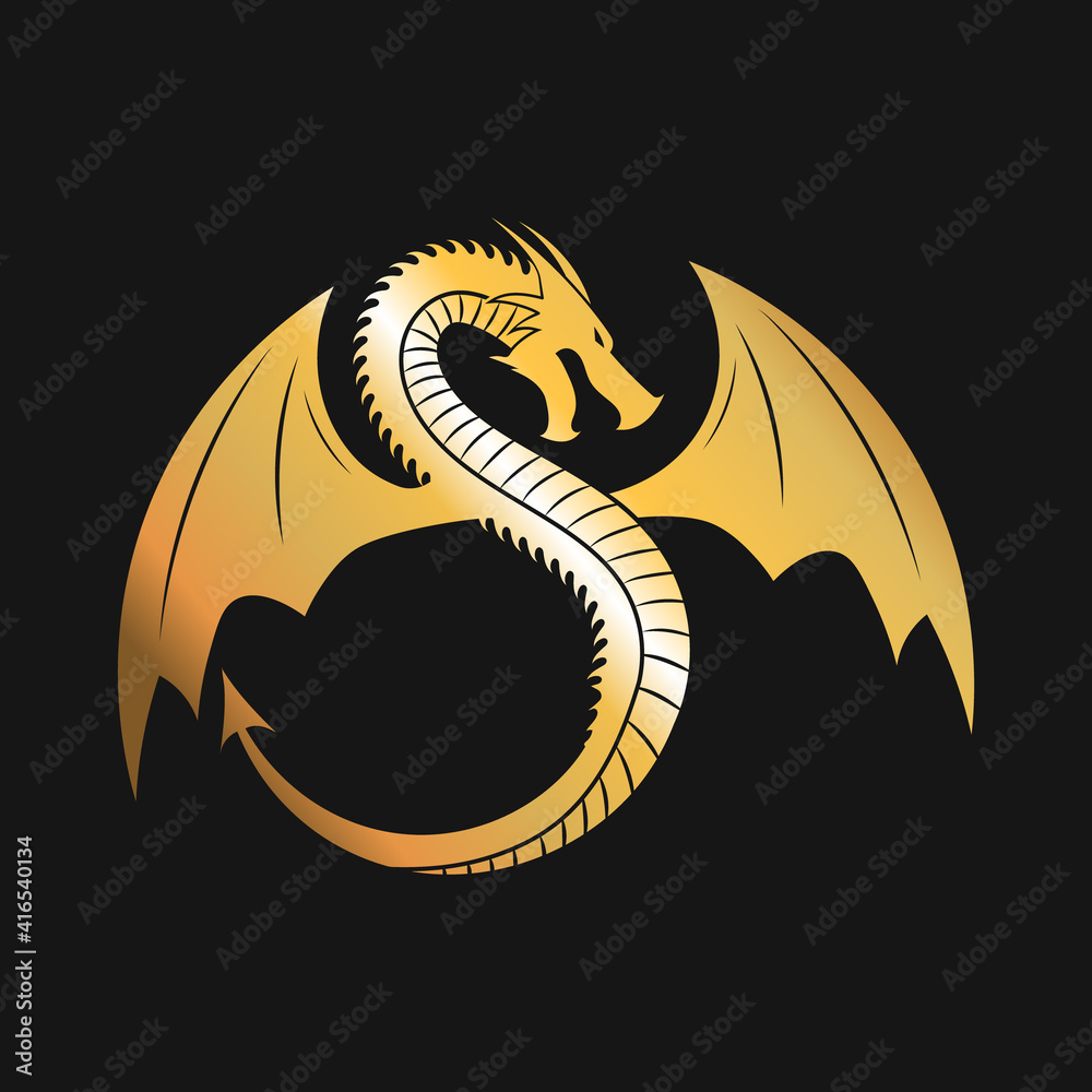 Fototapeta Golden logo of Winged Dragon. Vector Illustration.