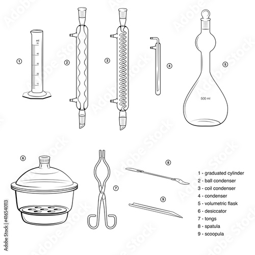 Set of chemical glassware. Sketches, black and white color.
