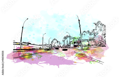 Building view with landmark of Novosibirsk is the
city in Russia. Watercolour splash with hand drawn sketch illustration in vector.