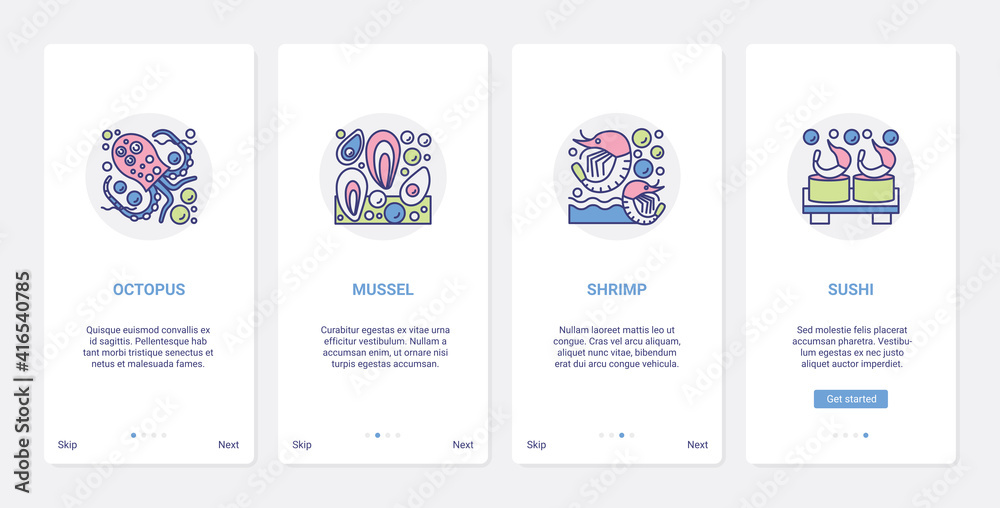 Seafood sushi rolls food menu ingredients vector illustration. UX, UI onboarding mobile app page screen set with line octopus mussels shrimp prawn symbol collection for recipes of japanese cuisine