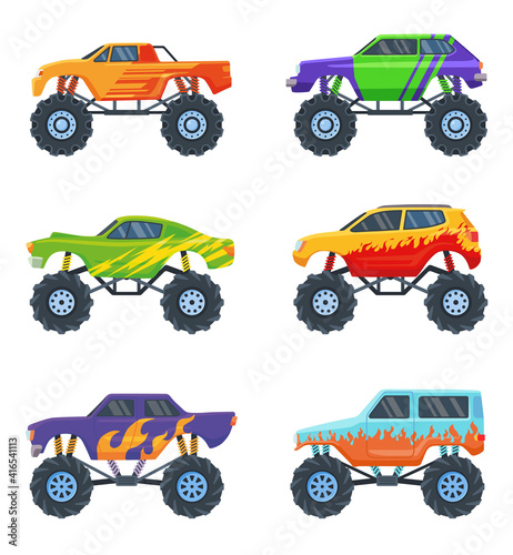 Monster cars set. Colorful cartoon trucks on big wheels, toys for children isolated on white. Vector illustrations for racing, competition, automobile constructor, robotics concept