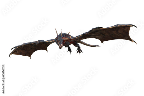 Wyvern or Dragon fantasy creature in flight hunting, 3D illustration isolated on white.