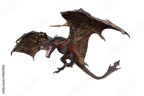 Valokuvatapetti Wyvern or Dragon fantasy creature flying with mouth open to breath fire, 3D illustration isolated on white