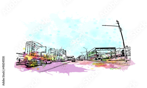 Building view with landmark of Novosibirsk is the
city in Russia. Watercolour splash with hand drawn sketch illustration in vector.